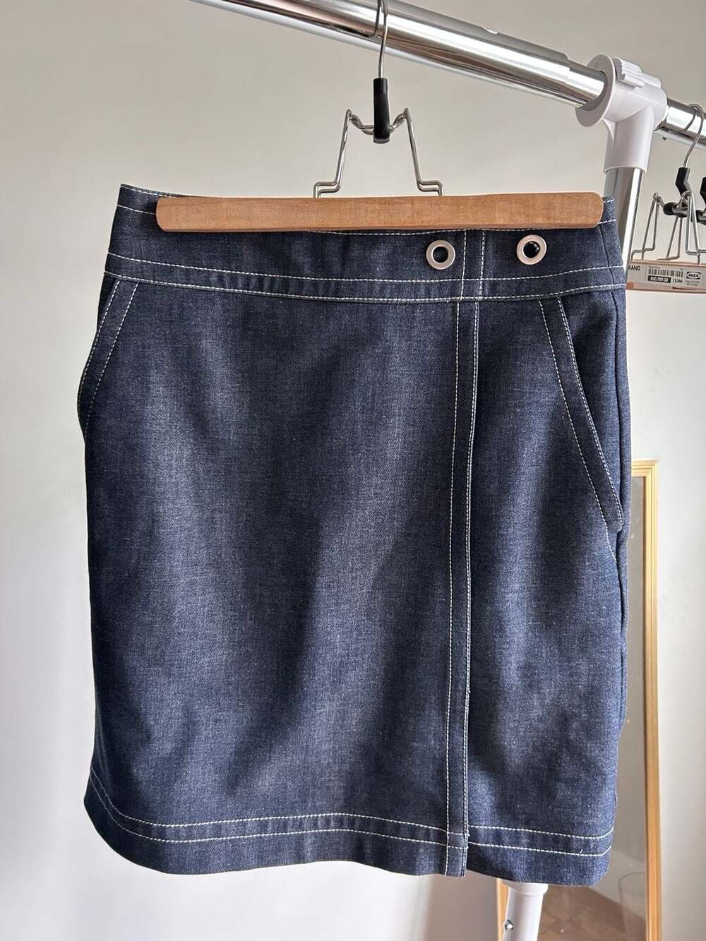 canvas denim skirt, lined, with pockets, faux wrap, Ann Taylor, size 10